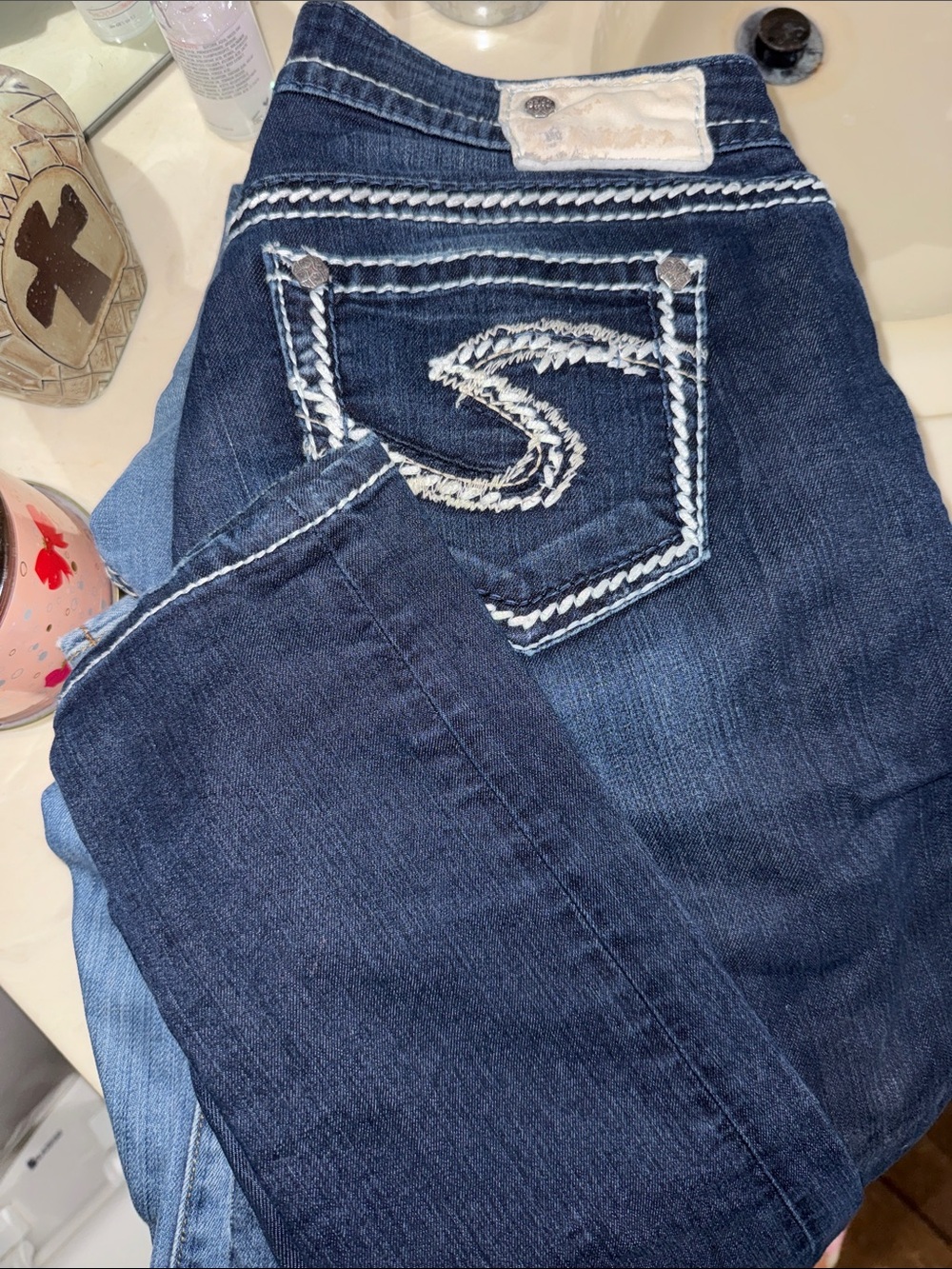 Miss Me Dark Blue Skinny Jeans with White Contrast Stitching